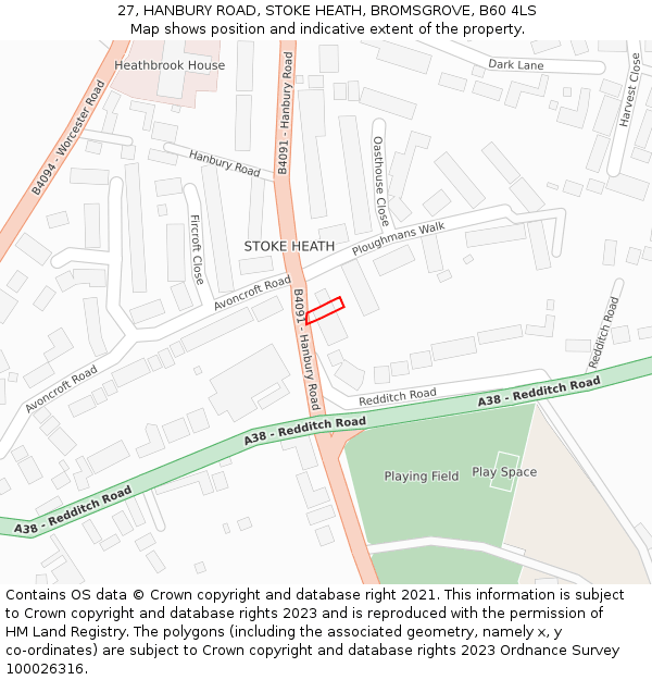 27, HANBURY ROAD, STOKE HEATH, BROMSGROVE, B60 4LS: Location map and indicative extent of plot