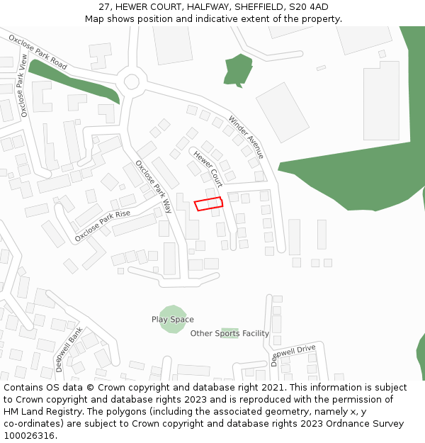 27, HEWER COURT, HALFWAY, SHEFFIELD, S20 4AD: Location map and indicative extent of plot