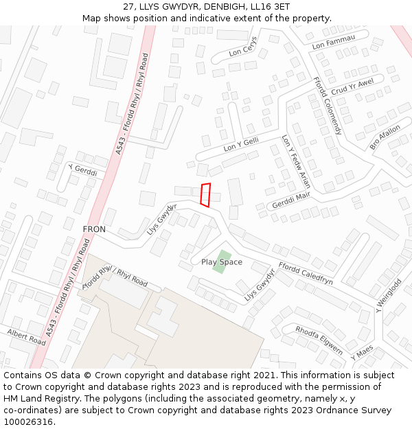 27, LLYS GWYDYR, DENBIGH, LL16 3ET: Location map and indicative extent of plot