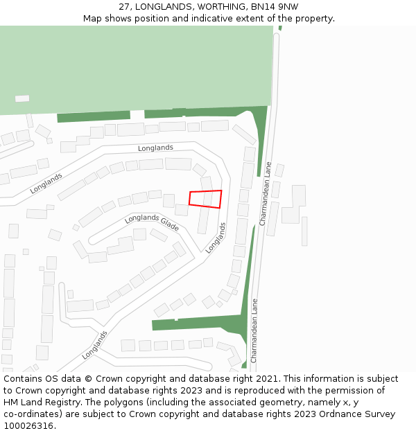 27, LONGLANDS, WORTHING, BN14 9NW: Location map and indicative extent of plot