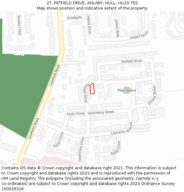 27, PETFIELD DRIVE, ANLABY, HULL, HU10 7ES: Location map and indicative extent of plot