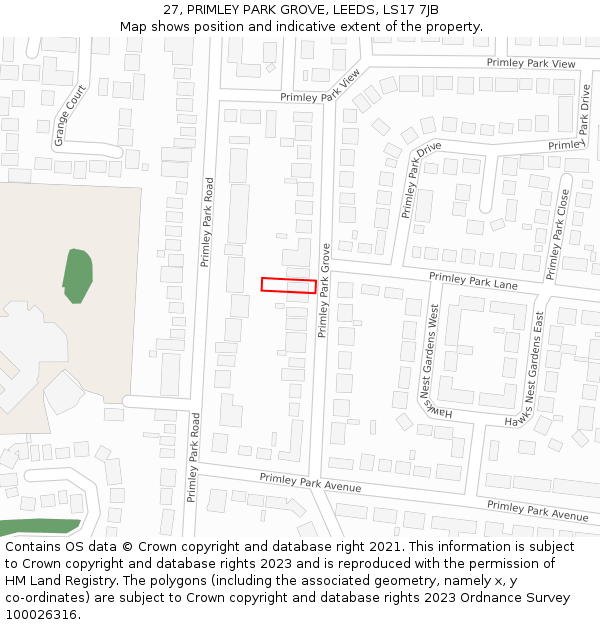 27, PRIMLEY PARK GROVE, LEEDS, LS17 7JB: Location map and indicative extent of plot