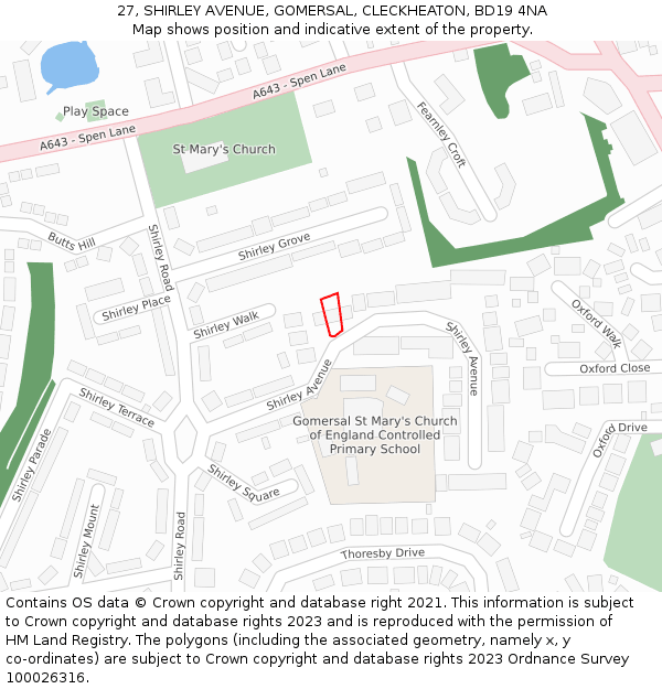 27, SHIRLEY AVENUE, GOMERSAL, CLECKHEATON, BD19 4NA: Location map and indicative extent of plot