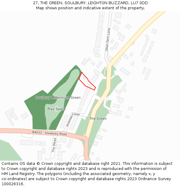 27, THE GREEN, SOULBURY, LEIGHTON BUZZARD, LU7 0DD: Location map and indicative extent of plot