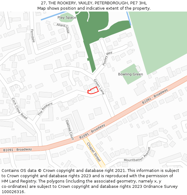 27, THE ROOKERY, YAXLEY, PETERBOROUGH, PE7 3HL: Location map and indicative extent of plot