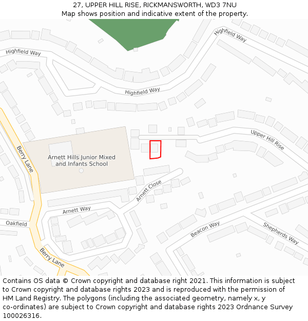 27, UPPER HILL RISE, RICKMANSWORTH, WD3 7NU: Location map and indicative extent of plot