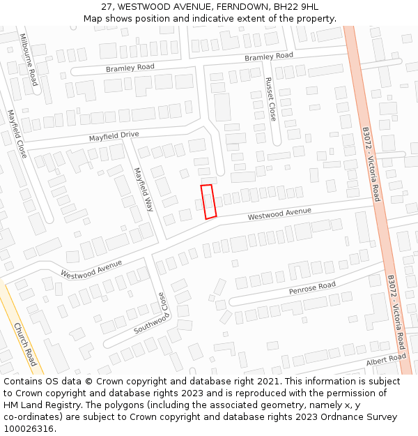 27, WESTWOOD AVENUE, FERNDOWN, BH22 9HL: Location map and indicative extent of plot