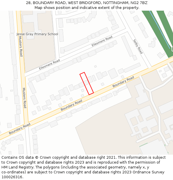 28, BOUNDARY ROAD, WEST BRIDGFORD, NOTTINGHAM, NG2 7BZ: Location map and indicative extent of plot