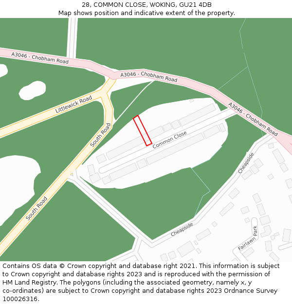 28, COMMON CLOSE, WOKING, GU21 4DB: Location map and indicative extent of plot