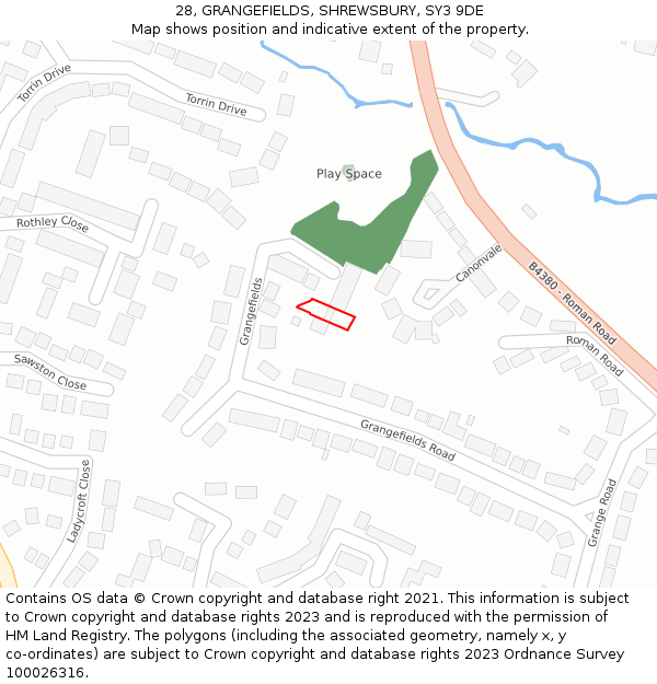 28, GRANGEFIELDS, SHREWSBURY, SY3 9DE: Location map and indicative extent of plot