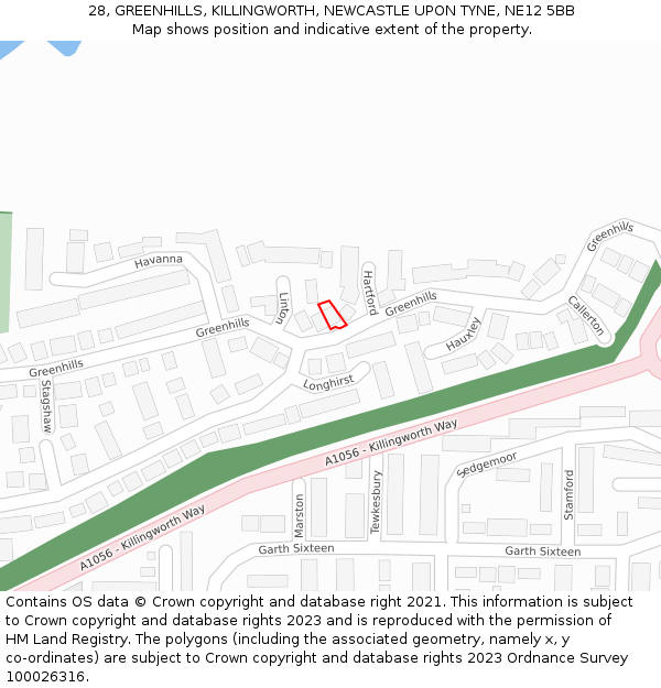 28, GREENHILLS, KILLINGWORTH, NEWCASTLE UPON TYNE, NE12 5BB: Location map and indicative extent of plot