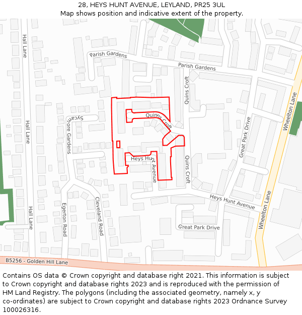 28, HEYS HUNT AVENUE, LEYLAND, PR25 3UL: Location map and indicative extent of plot