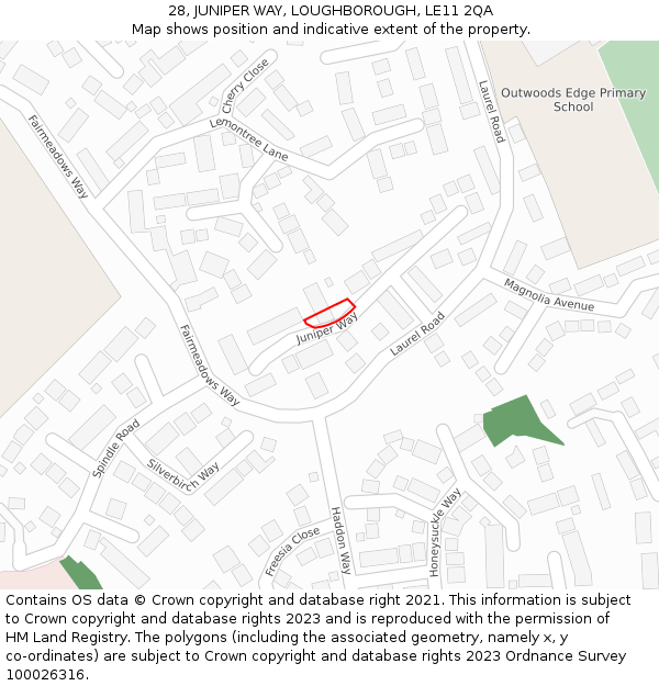 28, JUNIPER WAY, LOUGHBOROUGH, LE11 2QA: Location map and indicative extent of plot