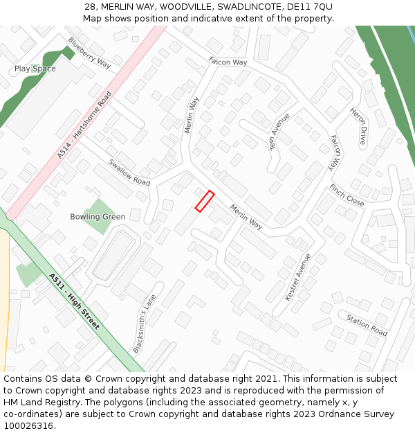 28, MERLIN WAY, WOODVILLE, SWADLINCOTE, DE11 7QU: Location map and indicative extent of plot