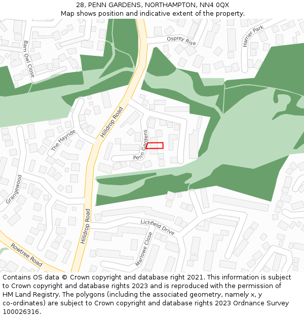 28, PENN GARDENS, NORTHAMPTON, NN4 0QX: Location map and indicative extent of plot