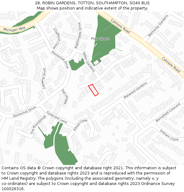 28, ROBIN GARDENS, TOTTON, SOUTHAMPTON, SO40 8US: Location map and indicative extent of plot