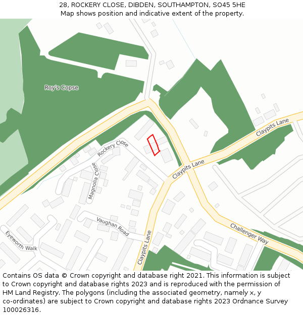 28, ROCKERY CLOSE, DIBDEN, SOUTHAMPTON, SO45 5HE: Location map and indicative extent of plot