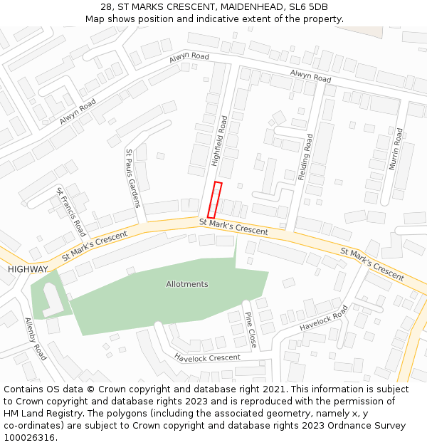 28, ST MARKS CRESCENT, MAIDENHEAD, SL6 5DB: Location map and indicative extent of plot