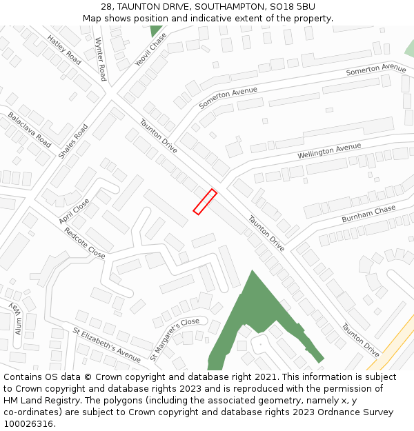 28, TAUNTON DRIVE, SOUTHAMPTON, SO18 5BU: Location map and indicative extent of plot