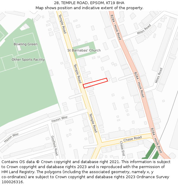 28, TEMPLE ROAD, EPSOM, KT19 8HA: Location map and indicative extent of plot