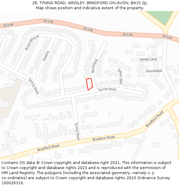 28, TYNING ROAD, WINSLEY, BRADFORD-ON-AVON, BA15 2JL: Location map and indicative extent of plot