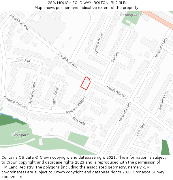 280, HOUGH FOLD WAY, BOLTON, BL2 3LB: Location map and indicative extent of plot