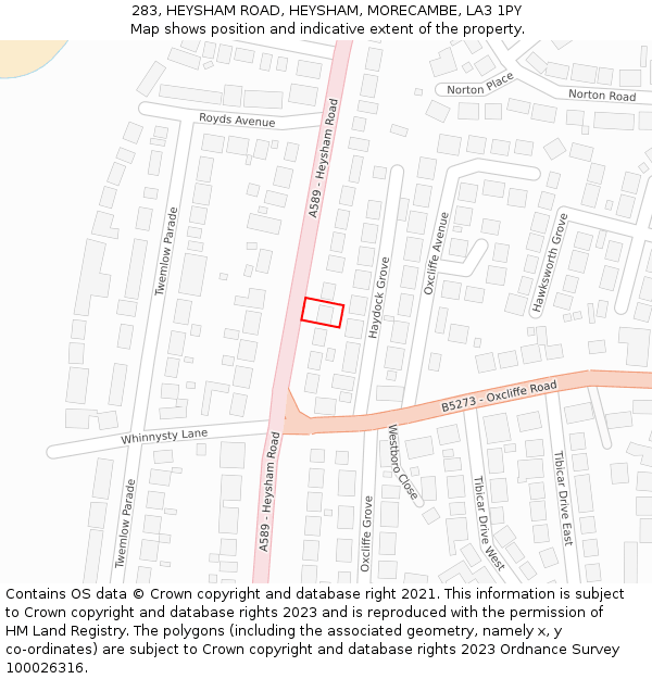 283, HEYSHAM ROAD, HEYSHAM, MORECAMBE, LA3 1PY: Location map and indicative extent of plot