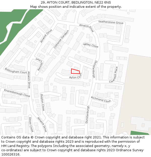 29, AYTON COURT, BEDLINGTON, NE22 6NS: Location map and indicative extent of plot