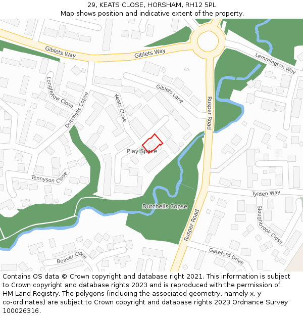 29, KEATS CLOSE, HORSHAM, RH12 5PL: Location map and indicative extent of plot