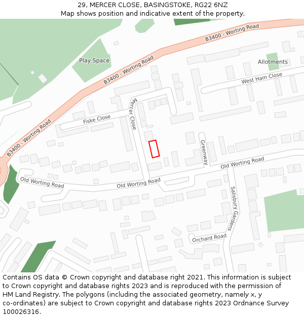 29, MERCER CLOSE, BASINGSTOKE, RG22 6NZ: Location map and indicative extent of plot