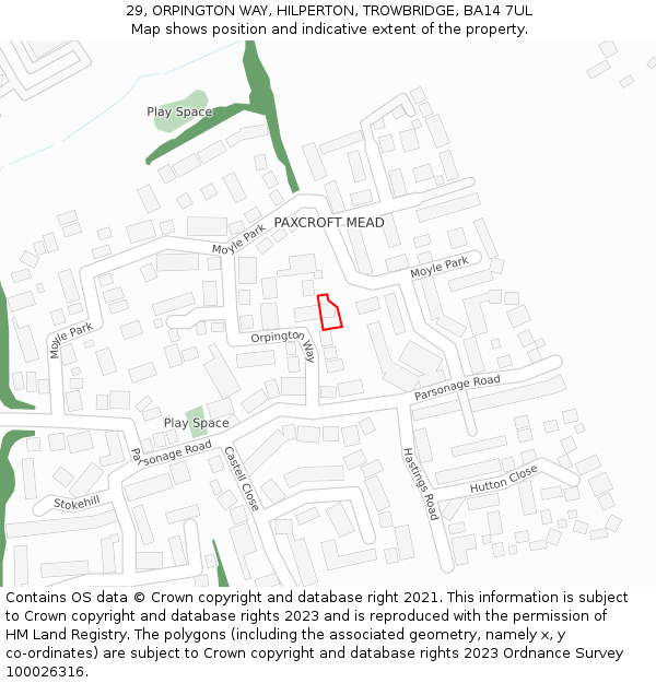 29, ORPINGTON WAY, HILPERTON, TROWBRIDGE, BA14 7UL: Location map and indicative extent of plot