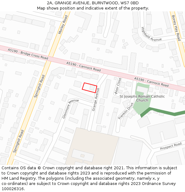 2A, GRANGE AVENUE, BURNTWOOD, WS7 0BD: Location map and indicative extent of plot