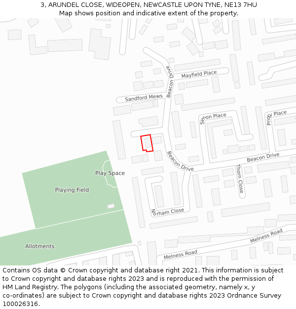 3, ARUNDEL CLOSE, WIDEOPEN, NEWCASTLE UPON TYNE, NE13 7HU: Location map and indicative extent of plot