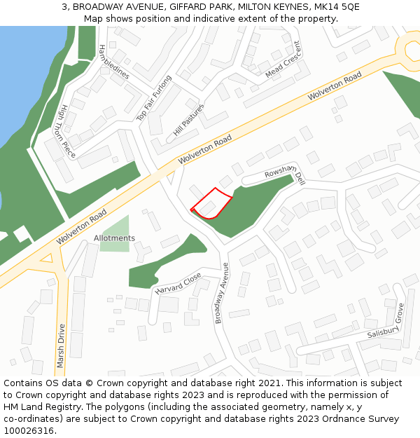 3, BROADWAY AVENUE, GIFFARD PARK, MILTON KEYNES, MK14 5QE: Location map and indicative extent of plot