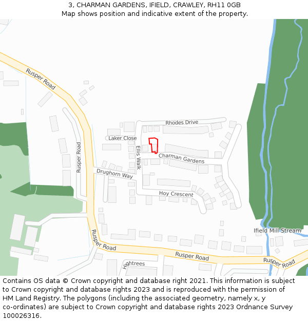 3, CHARMAN GARDENS, IFIELD, CRAWLEY, RH11 0GB: Location map and indicative extent of plot