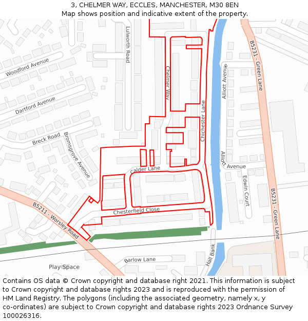 3, CHELMER WAY, ECCLES, MANCHESTER, M30 8EN: Location map and indicative extent of plot