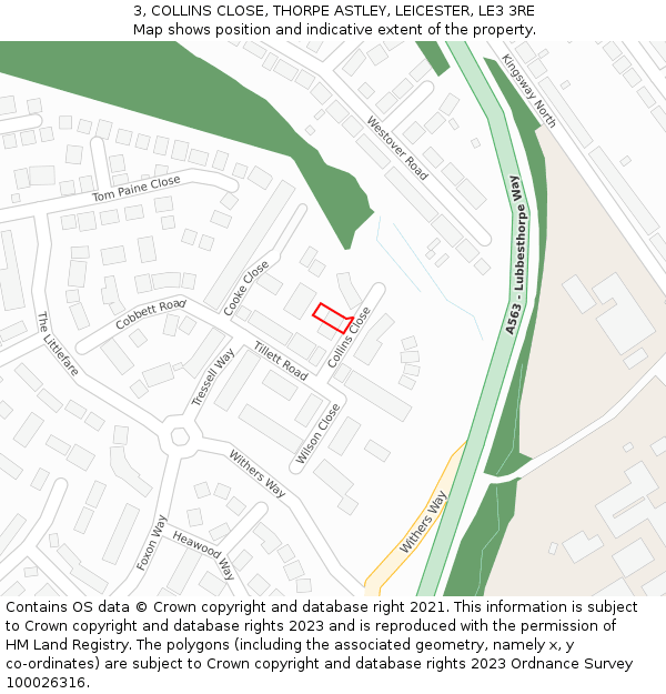 3, COLLINS CLOSE, THORPE ASTLEY, LEICESTER, LE3 3RE: Location map and indicative extent of plot