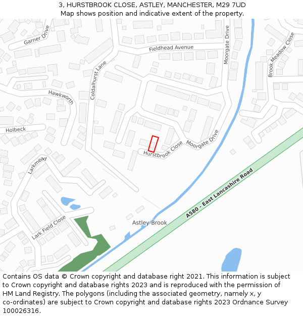 3, HURSTBROOK CLOSE, ASTLEY, MANCHESTER, M29 7UD: Location map and indicative extent of plot