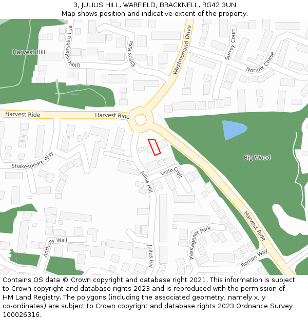 3, JULIUS HILL, WARFIELD, BRACKNELL, RG42 3UN: Location map and indicative extent of plot