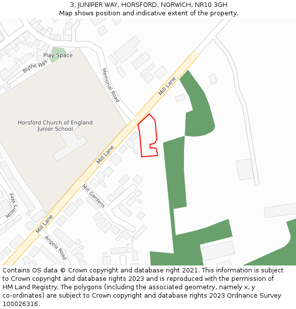 3, JUNIPER WAY, HORSFORD, NORWICH, NR10 3GH: Location map and indicative extent of plot