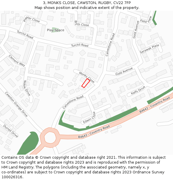 3, MONKS CLOSE, CAWSTON, RUGBY, CV22 7FP: Location map and indicative extent of plot