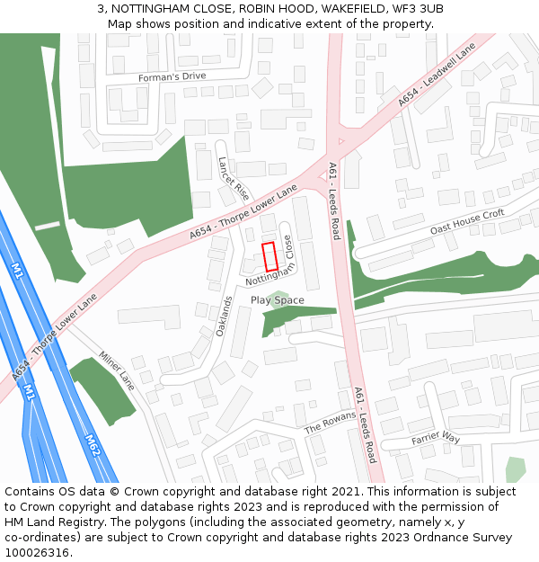 3, NOTTINGHAM CLOSE, ROBIN HOOD, WAKEFIELD, WF3 3UB: Location map and indicative extent of plot