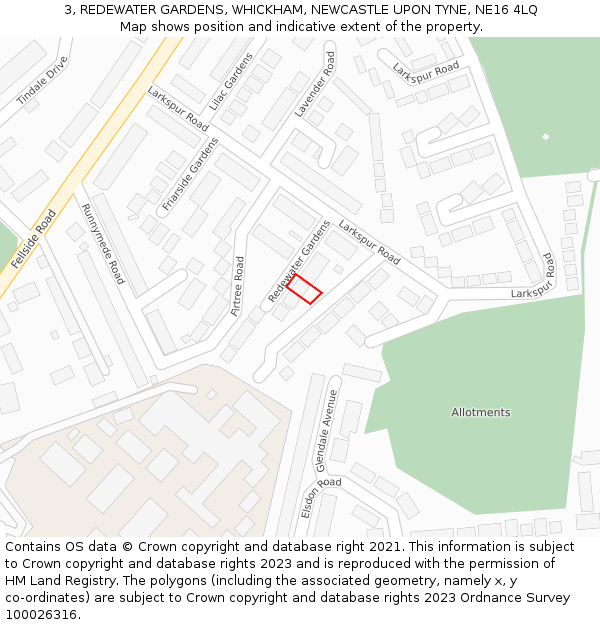 3, REDEWATER GARDENS, WHICKHAM, NEWCASTLE UPON TYNE, NE16 4LQ: Location map and indicative extent of plot