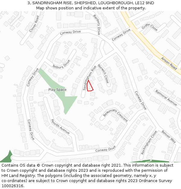 3, SANDRINGHAM RISE, SHEPSHED, LOUGHBOROUGH, LE12 9ND: Location map and indicative extent of plot