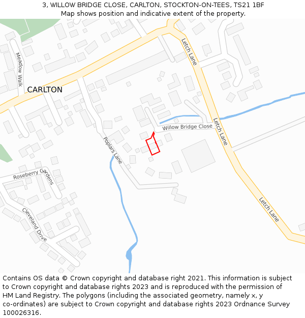 3, WILLOW BRIDGE CLOSE, CARLTON, STOCKTON-ON-TEES, TS21 1BF: Location map and indicative extent of plot