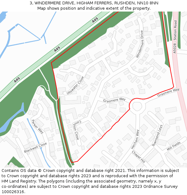 3, WINDERMERE DRIVE, HIGHAM FERRERS, RUSHDEN, NN10 8NN: Location map and indicative extent of plot