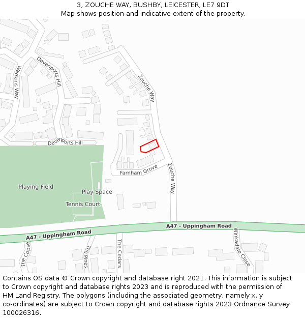 3, ZOUCHE WAY, BUSHBY, LEICESTER, LE7 9DT: Location map and indicative extent of plot