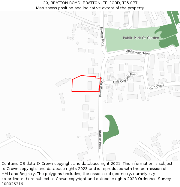 30, BRATTON ROAD, BRATTON, TELFORD, TF5 0BT: Location map and indicative extent of plot