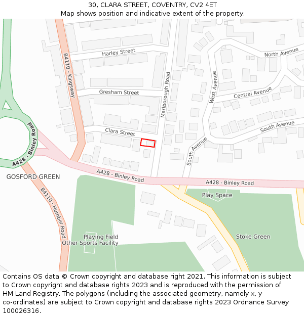 30, CLARA STREET, COVENTRY, CV2 4ET: Location map and indicative extent of plot