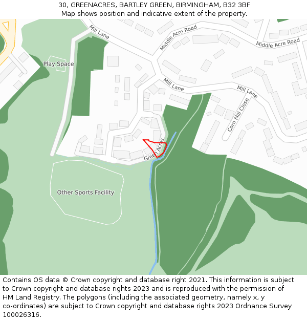 30, GREENACRES, BARTLEY GREEN, BIRMINGHAM, B32 3BF: Location map and indicative extent of plot